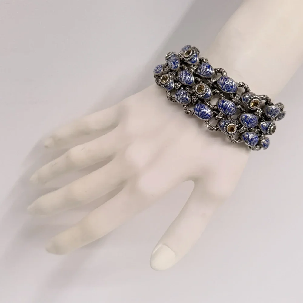 Ned Bowman Laurel Leaf Sterling Gold Blue Enamel Yellow Gemstone Bracelet 7 1/2